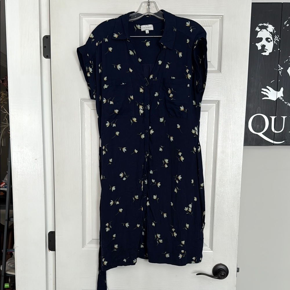 Blue and White Midi Sundress with Notched Collar